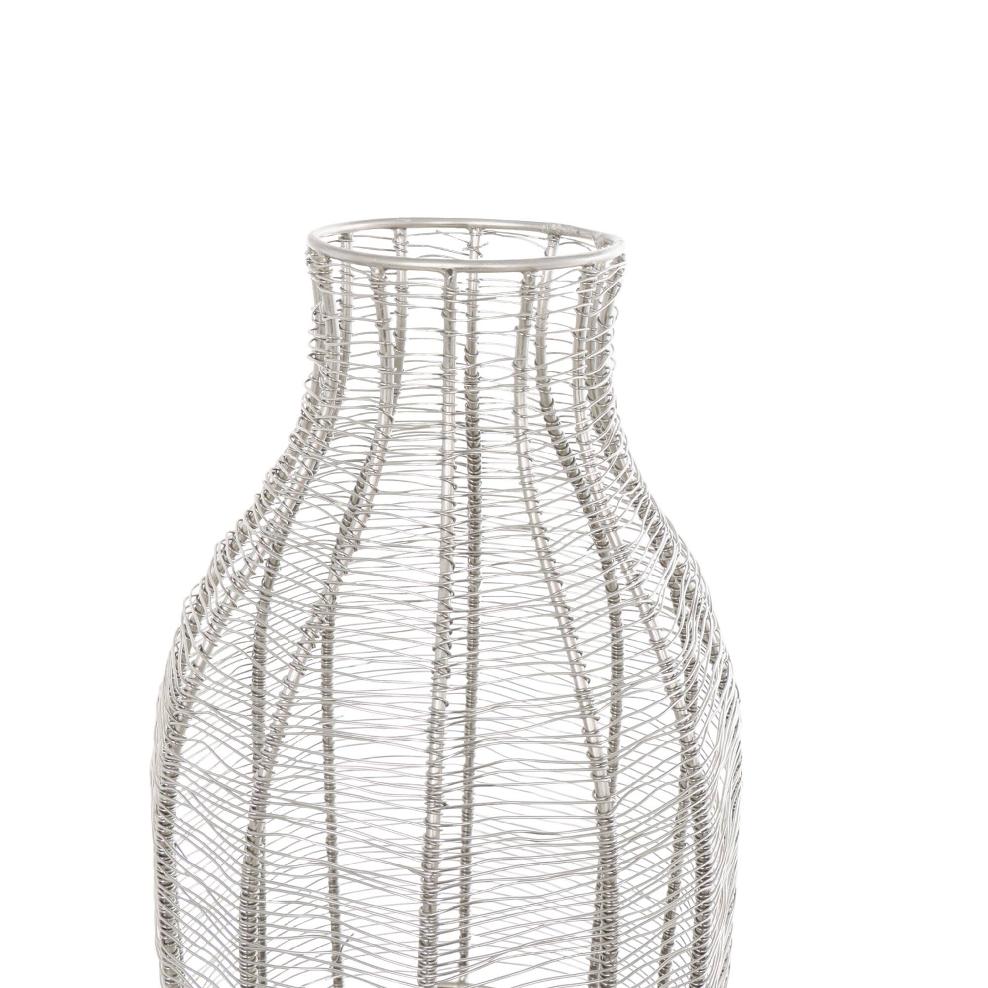 24" Silver Metal Vase with Woven Black Rattan Base